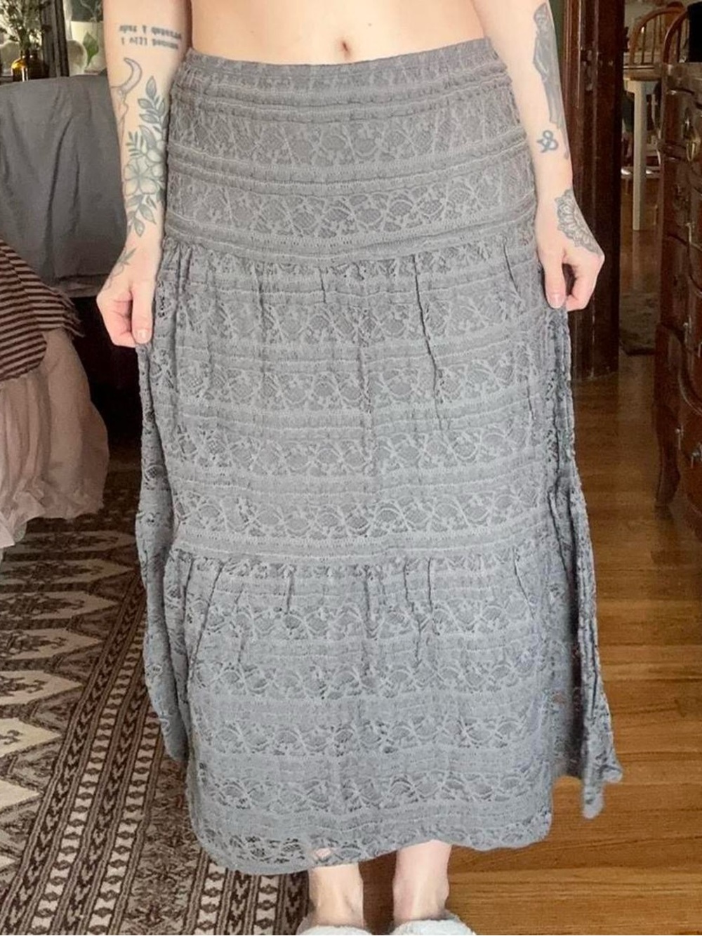 Max Studio Gray Lace Tiered Maxi Skirt